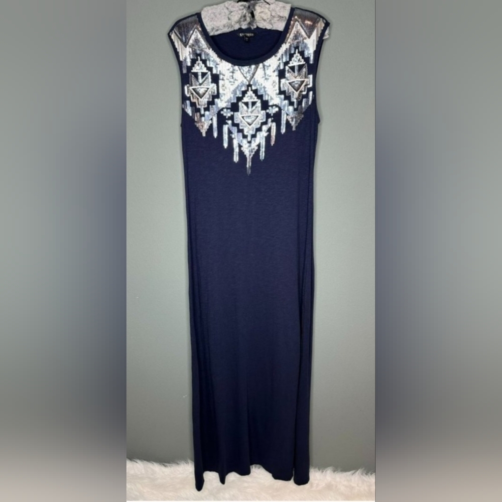 EXPRESS Navy Blue Sleeveless Maxi Dress with Sequin Detail
